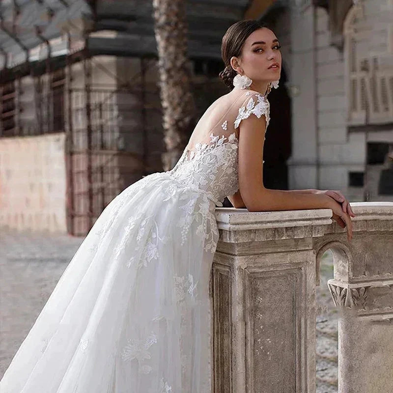 Mermaid 2 In 1 Wedding Dress Tulle Scoop Cap Sleeves Backless Lace Appliques Bridal Gowns With Detachable Train свадебное платье by payinti