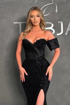 Mermaid Black Sweetheart Split Front Sleeveless Stain Prom Dress with Beadings by misshow.com