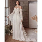 Mermaid Bohemian Wedding Dresses Women's Lace Flare Sleeve Elegant Sweetheart Strapless Chiffon Bridal Gowns A-Line Robe Vestido by payinti