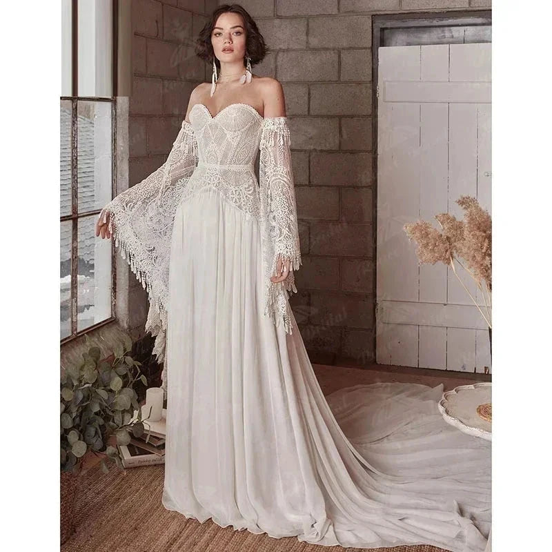 Mermaid Bohemian Wedding Dresses Women's Lace Flare Sleeve Elegant Sweetheart Strapless Chiffon Bridal Gowns A-Line Robe Vestido by payinti
