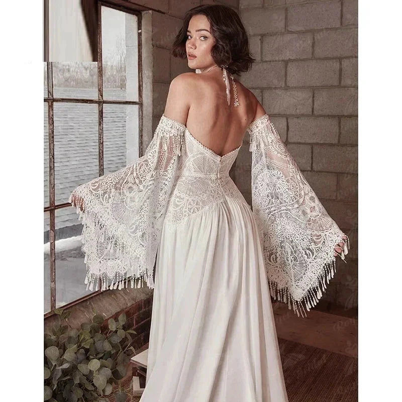 Mermaid Bohemian Wedding Dresses Women's Lace Flare Sleeve Elegant Sweetheart Strapless Chiffon Bridal Gowns A-Line Robe Vestido by payinti