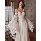 Mermaid Bohemian Wedding Dresses Women's Lace Flare Sleeve Elegant Sweetheart Strapless Chiffon Bridal Gowns A-Line Robe Vestido by payinti