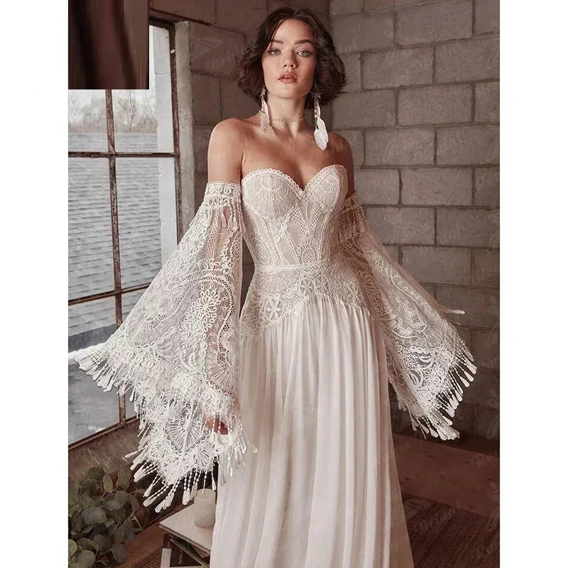Mermaid Bohemian Wedding Dresses Women's Lace Flare Sleeve Elegant Sweetheart Strapless Chiffon Bridal Gowns A-Line Robe Vestido by payinti