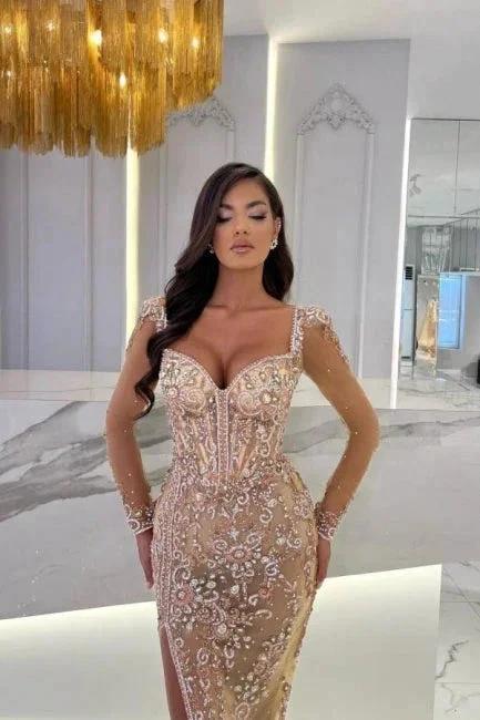 Mermaid Champagne Split Front Sweetheart Straps Prom Dresses with Beadings by misshow.com