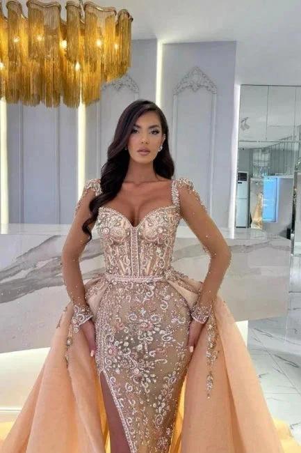 Mermaid Champagne Split Front Sweetheart Straps Prom Dresses with Beadings by misshow.com