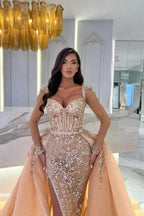 Mermaid Champagne Split Front Sweetheart Straps Prom Dresses with Beadings by misshow.com