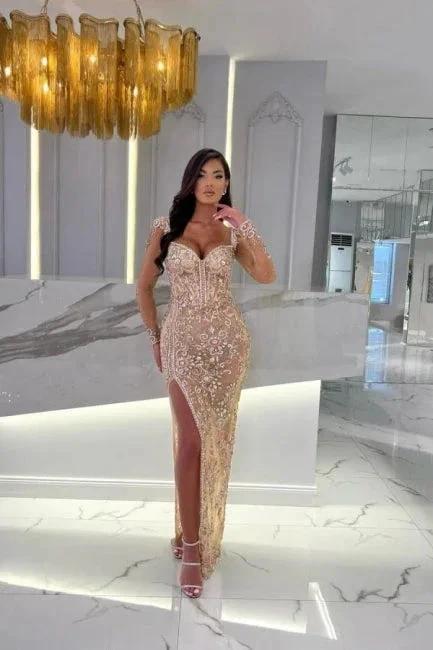 Mermaid Champagne Split Front Sweetheart Straps Prom Dresses with Beadings by misshow.com