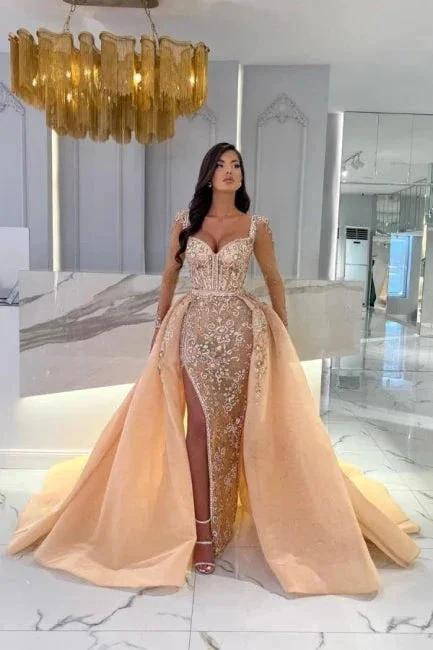 Mermaid Champagne Split Front Sweetheart Straps Prom Dresses with Beadings by misshow.com
