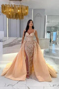 Mermaid Champagne Split Front Sweetheart Straps Prom Dresses with Beadings by misshow.com