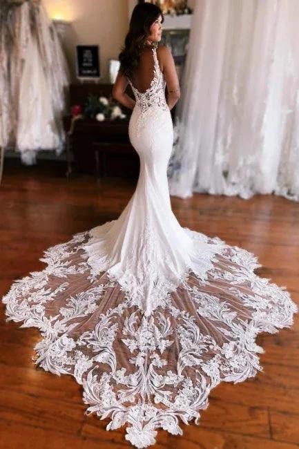 Mermaid Fabulous Floor-Length Stain V-Neck Sleeveless Lace Wedding Dresses with Appliques by misshow.com