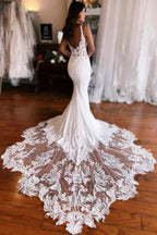 Mermaid Fabulous Floor-Length Stain V-Neck Sleeveless Lace Wedding Dresses with Appliques by misshow.com