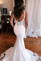 Mermaid Fabulous Floor-Length Stain V-Neck Sleeveless Lace Wedding Dresses with Appliques by misshow.com