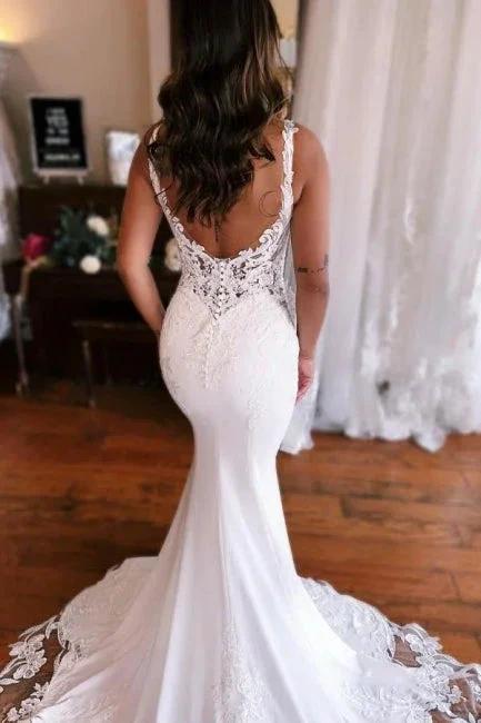 Mermaid Fabulous Floor-Length Stain V-Neck Sleeveless Lace Wedding Dresses with Appliques by misshow.com