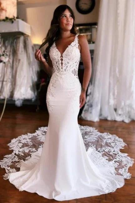 Mermaid Fabulous Floor-Length Stain V-Neck Sleeveless Lace Wedding Dresses with Appliques by misshow.com