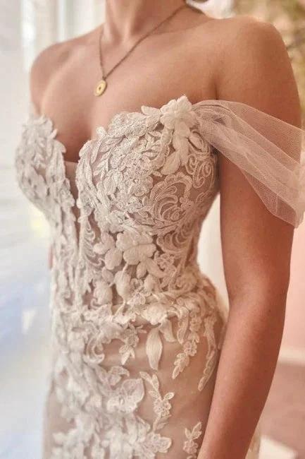 Mermaid Fabulous Tulle Sweetheart Off-The-Shoulder Floor-Length Wedding Dresses with Appliques by misshow.com