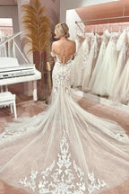 Mermaid Fabulous Tulle Sweetheart Off-The-Shoulder Floor-Length Wedding Dresses with Appliques by misshow.com