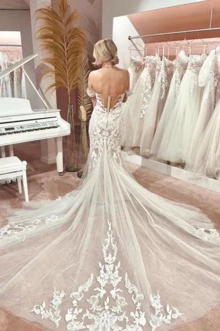 Mermaid Fabulous Tulle Sweetheart Off-The-Shoulder Floor-Length Wedding Dresses with Appliques by misshow.com