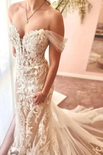 Mermaid Fabulous Tulle Sweetheart Off-The-Shoulder Floor-Length Wedding Dresses with Appliques by misshow.com