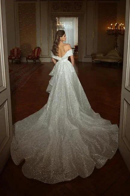 Mermaid Floor-Length Off-The-Shoulder V-Neck Sleeveless A-Line Sequins Wedding Dresses with Ruffles by misshow.com