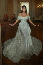 Mermaid Floor-Length Off-The-Shoulder V-Neck Sleeveless A-Line Sequins Wedding Dresses with Ruffles by misshow.com