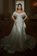 Mermaid Floor-Length Off-The-Shoulder V-Neck Sleeveless A-Line Sequins Wedding Dresses with Ruffles by misshow.com