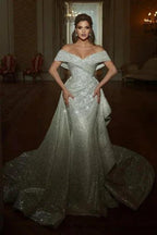 Mermaid Floor-Length Off-The-Shoulder V-Neck Sleeveless A-Line Sequins Wedding Dresses with Ruffles by misshow.com