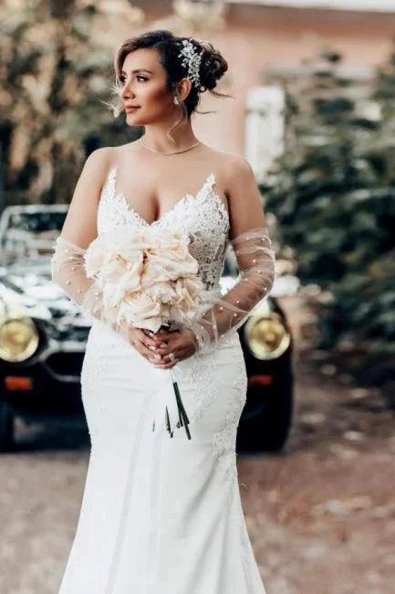 Mermaid Floor-Length Sweetheart Appliques Stain Spaghetti Straps Sleeveless Wedding Dresses with Lace by misshow.com