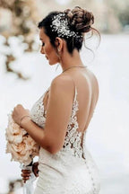 Mermaid Floor-Length Sweetheart Appliques Stain Spaghetti Straps Sleeveless Wedding Dresses with Lace by misshow.com