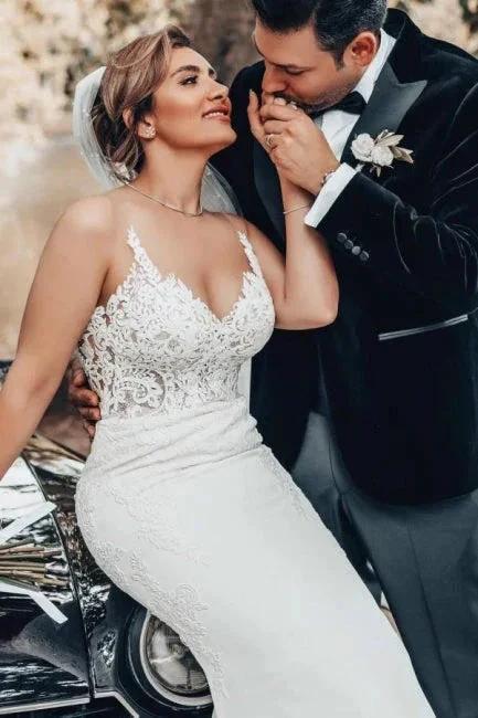 Mermaid Floor-Length Sweetheart Appliques Stain Spaghetti Straps Sleeveless Wedding Dresses with Lace by misshow.com