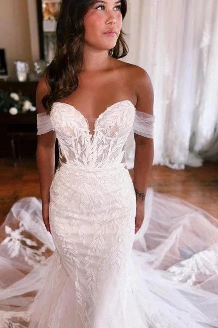Mermaid Floor-Length Sweetheart Strapless Off-The-Shoulder Wedding Dresses with Appliques by misshow.com