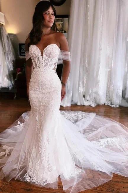 Mermaid Floor-Length Sweetheart Strapless Off-The-Shoulder Wedding Dresses with Appliques by misshow.com