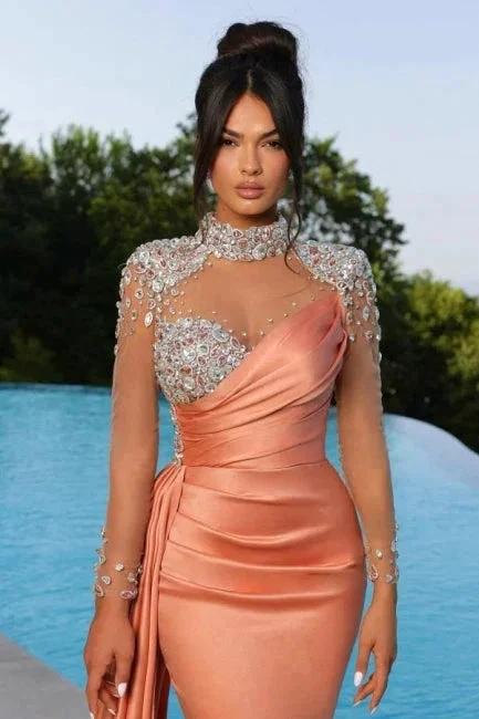 Mermaid Orange Floor-Length High Neck Sweetheart Long Sleeve Prom Dresses with Beadings by misshow.com