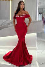 Mermaid Red Spaghetti Straps Sweetheart Off-The-Shoulder Floor-Length Stain Prom Dresses with Ruffles by misshow.com
