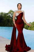 Mermaid Silver Beaded Burgundy Mermaid Prom Dress by misshow.com