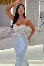 Mermaid Sky Blue Stain Sleeveless Sweetheart Floor-Length Prom Dress with Beadings by misshow.com