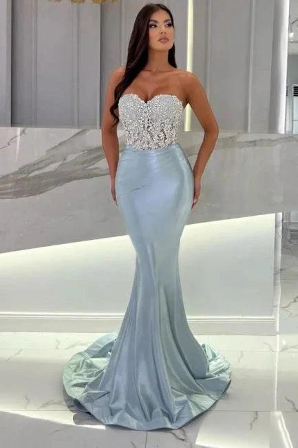 Mermaid Sky Blue Stain Sleeveless Sweetheart Floor-Length Prom Dress with Beadings by misshow.com