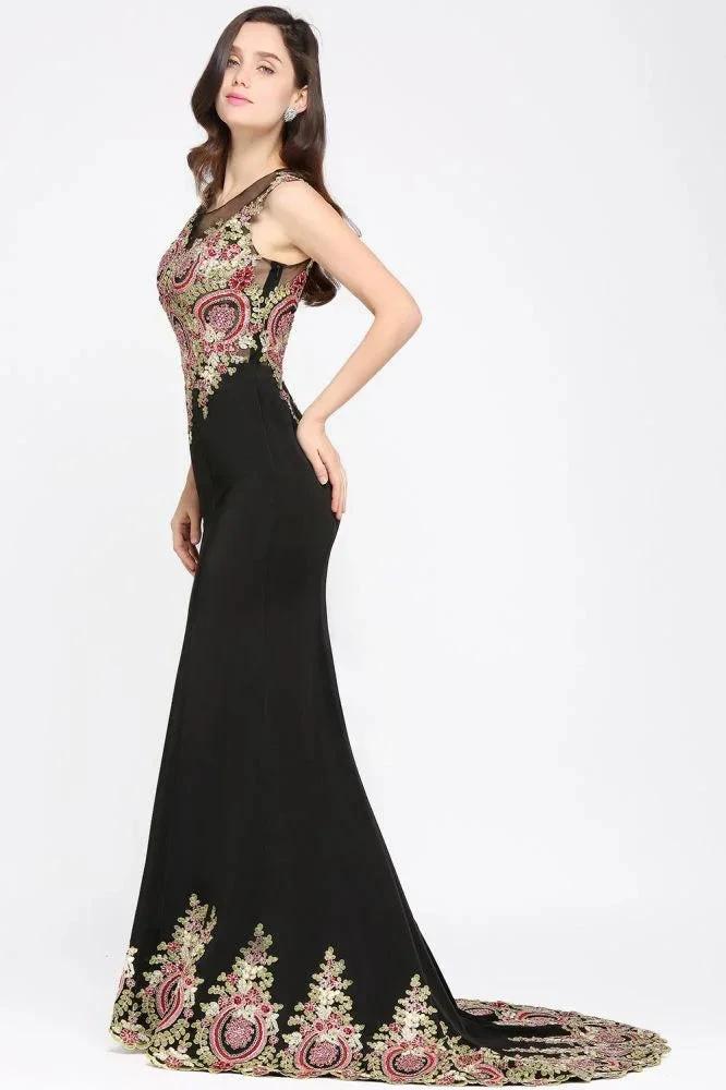 Mermaid Sweep Train Black Sleeveless Evening Dresses with Appliques by misshow.com