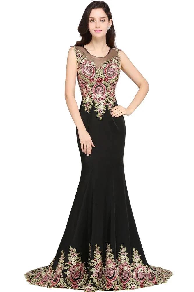 Mermaid Sweep Train Black Sleeveless Evening Dresses with Appliques by misshow.com