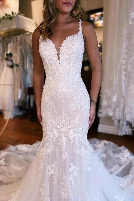 Mermaid Sweetheart Floor-Length Straps Sleeveless Tulle Wedding Dress with Appliques by misshow.com