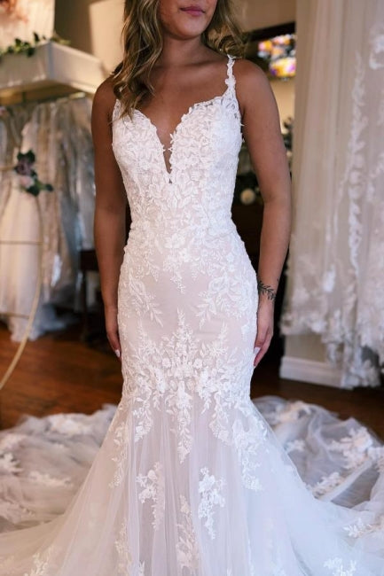 Mermaid Sweetheart Floor-Length Straps Sleeveless Tulle Wedding Dress with Appliques Main Image