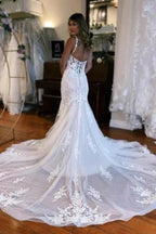 Mermaid Sweetheart Floor-Length Straps Sleeveless Tulle Wedding Dress with Appliques by misshow.com