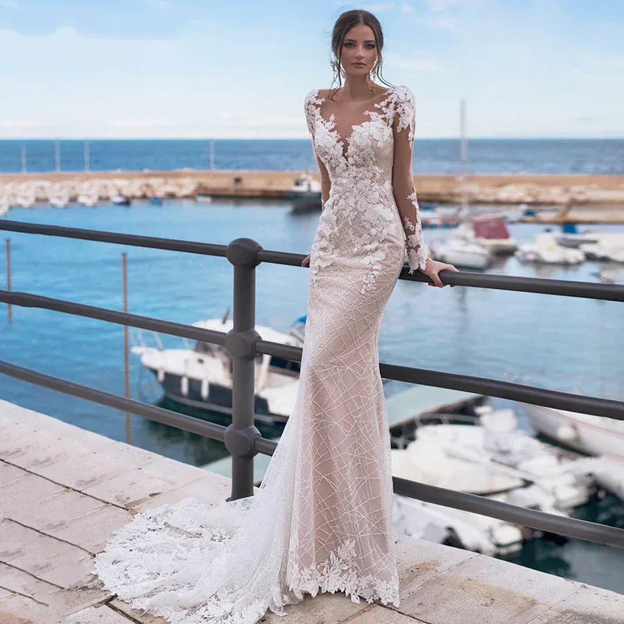 Meerjungfrau Hochzeitskleid Sexy Damen Rückenfrei Langarm Brautkleider Stickerei Applikation Spitze Strand Hochzeit Party Vesido Noiva 