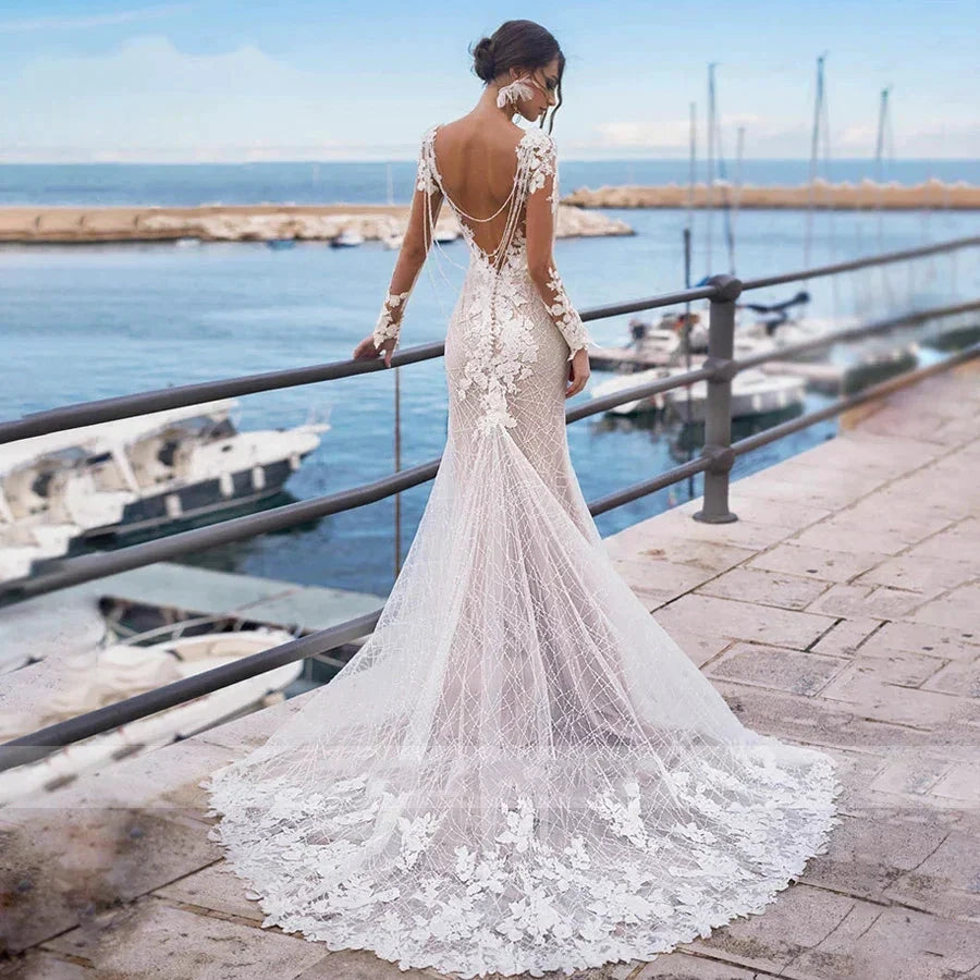 Mermaid Wedding Dress Sexy Women's Backless Long Sleeve Bridal Gowns Embroidery Applique Lace Beach Wedding Party Vesido Noiva by payinti