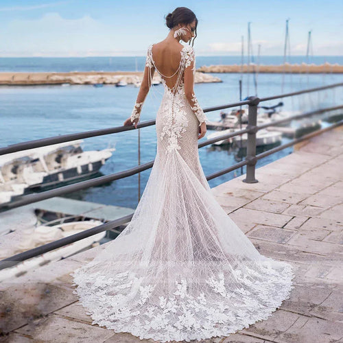 Mermaid Wedding Dress Sexy Women's Backless Long Sleeve Bridal Gowns Embroidery Applique Lace Beach Wedding Party Vesido Noiva