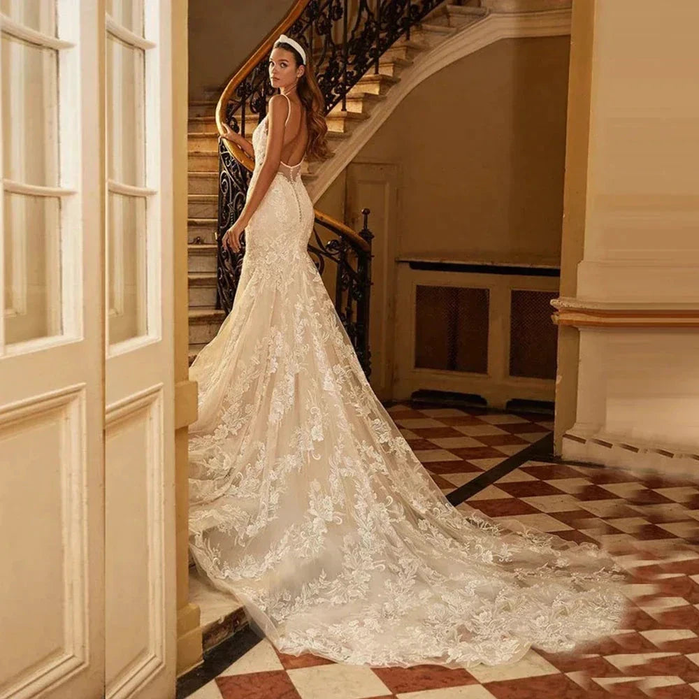 Mermaid Wedding Dresses 2023 Women's Sexy V-neck Lace Applique Spaghetti Shoulder Strap Vestido De Novia Bridal Gowns Backless by payinti