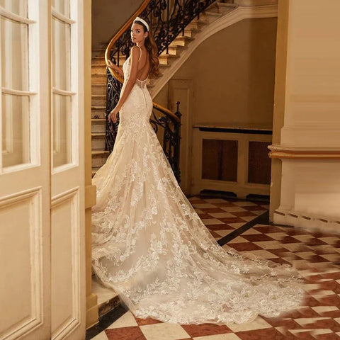 Mermaid Wedding Dresses 2023 Women's Sexy V-neck Lace Applique Spaghetti Shoulder Strap Vestido De Novia Bridal Gowns Backless