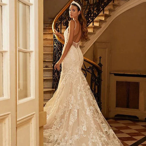 Mermaid Wedding Dresses 2023 Women's Sexy V-neck Lace Applique Spaghetti Shoulder Strap Vestido De Novia Bridal Gowns Backless