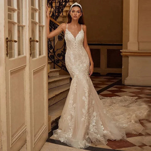 Mermaid Wedding Dresses 2023 Women's Sexy V-neck Lace Applique Spaghetti Shoulder Strap Vestido De Novia Bridal Gowns Backless
