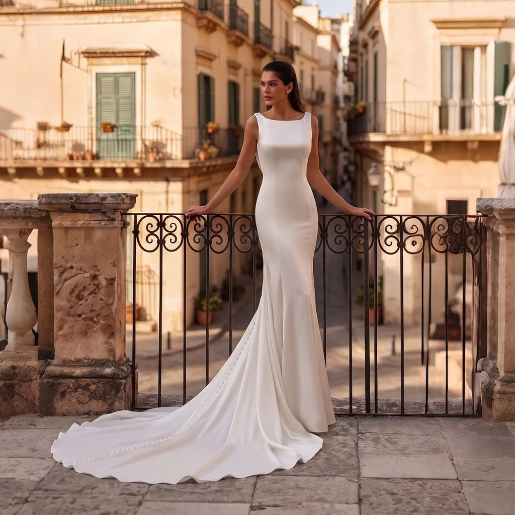 Romantic White Sleeveless Satin Wedding Dress with Low Back SW719