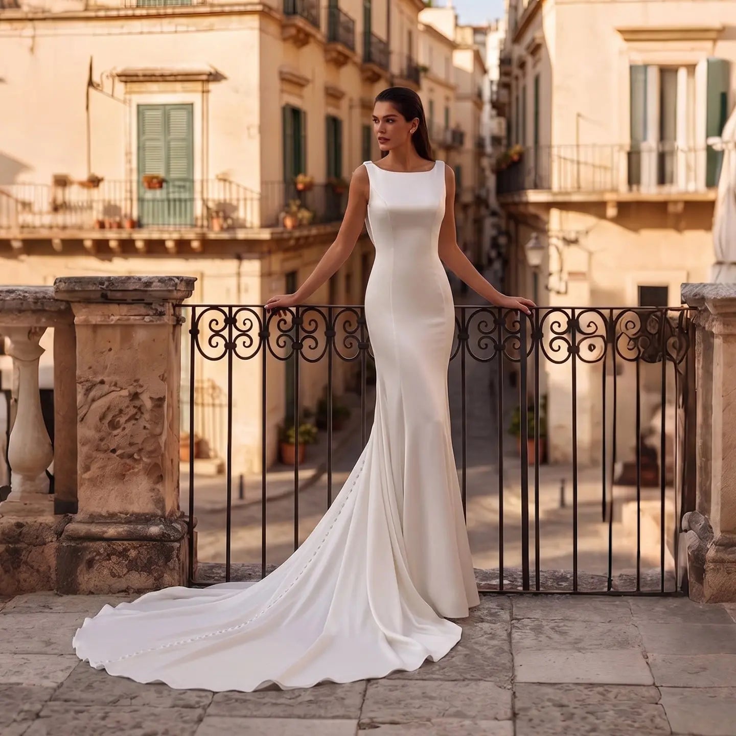 Romantic White Sleeveless Satin Wedding Dress with Low Back SW719